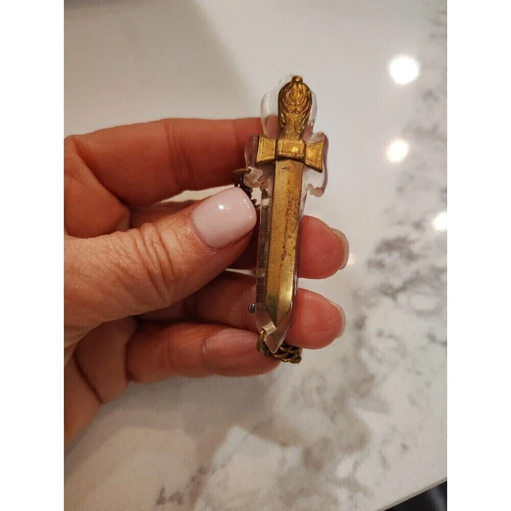 Vintage Intricate Bakelite Gold toned  Sword Pin Brooch with Dangle link chain